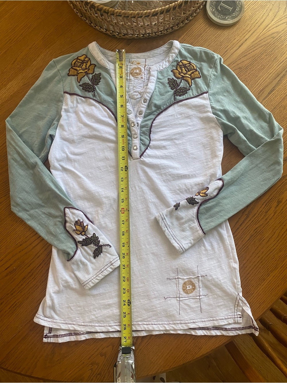 Double D Ranch White Henley with Sage Green Sleeves & Yellow Rose Embroidery